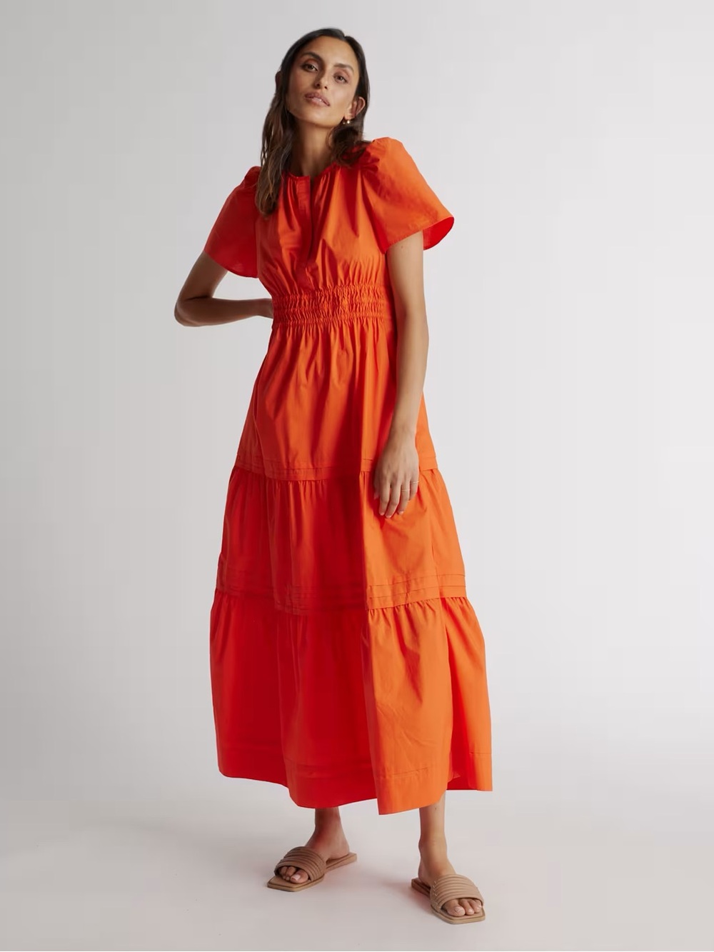 Quince Organic Cotton Poplin Tiered Maxi Dress Womens S Vermillion Red Smocked